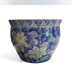 Elegant Blue and Green Floral Ceramic Planter